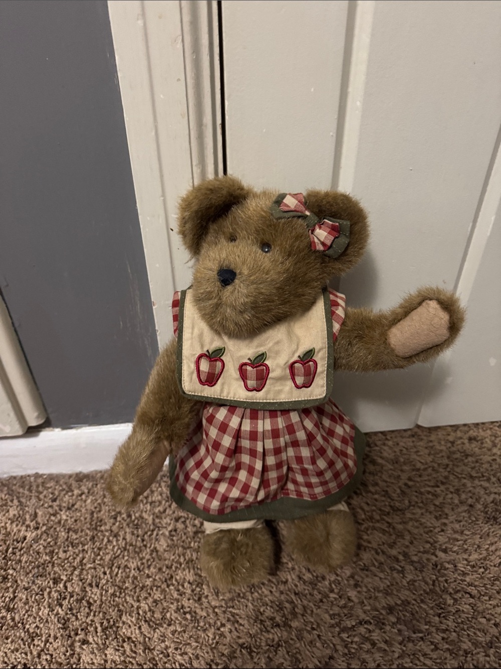 Boyd’s Bears Teddy Bear in Red Gingham Dress with Apple Bib